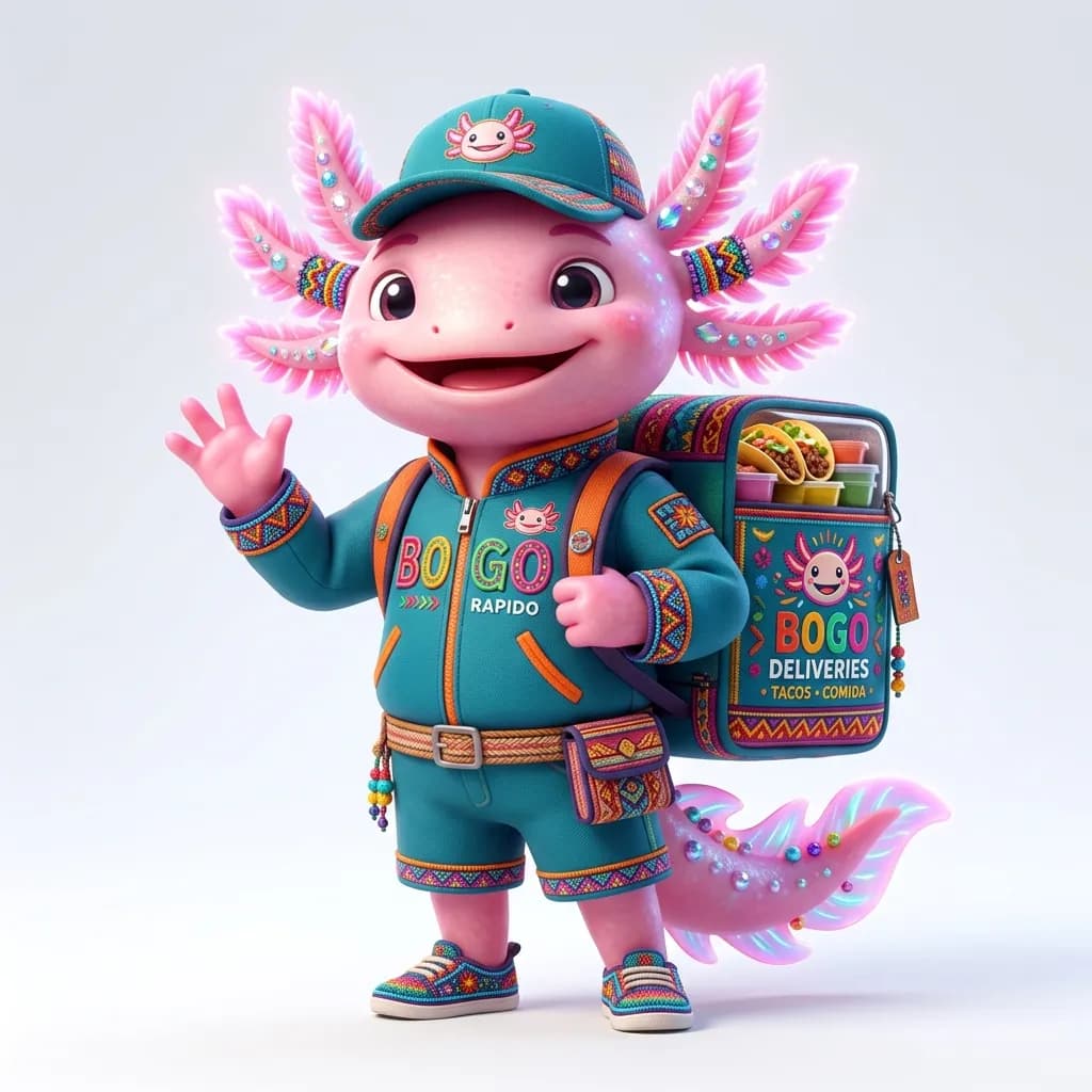 Bogo vestido de repartidor con su mochila térmica
